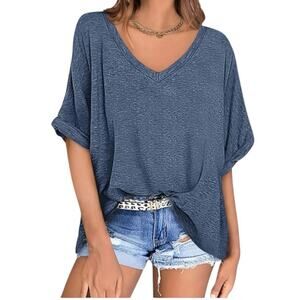 NWT UEU Womens Oversized Blue V Neck Casual Shirts Short Sleeve, 2XL